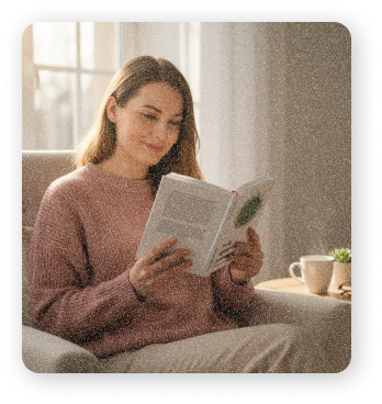 woman is sitting and reading a book